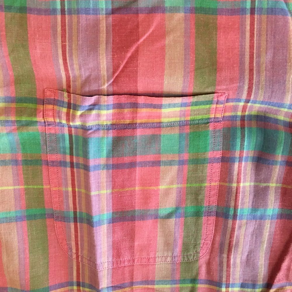 Vintage India Madras Plaid pocket summer retro shirt-Pink Tone tartan cotton L - Picture 2 of 3